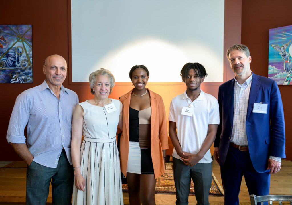 Photos from the 2022 presentation of the Nikole Hannah-Jones Scholarship at Busboys & Poets.(from l to r) Busboys & Poets founder Andy Shalal, Beverly White-Seals, scholarship winners Mia Swaby-Rowe and Dylan Bradford, Howard Hughes’ Greg Fitchitt. (Stephen Cherry photos.)